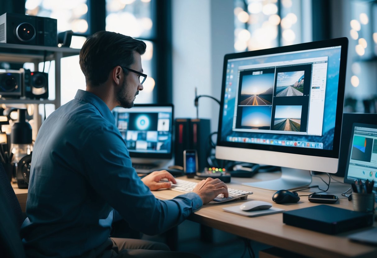 A figure using a computer to alter digital images, while surrounded by various electronic devices and tools