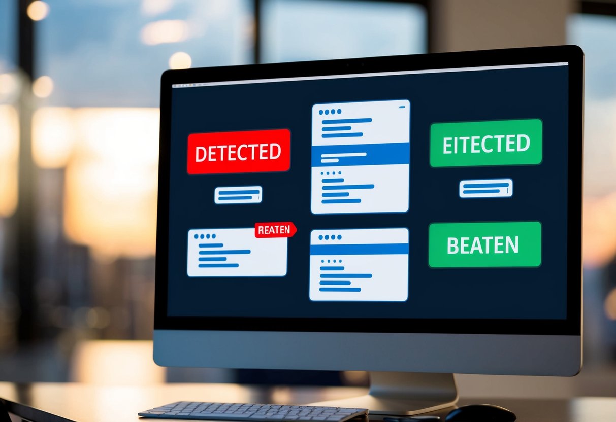 A computer screen displaying various AI-generated texts with a red "detected" label and a green "beaten" label next to them