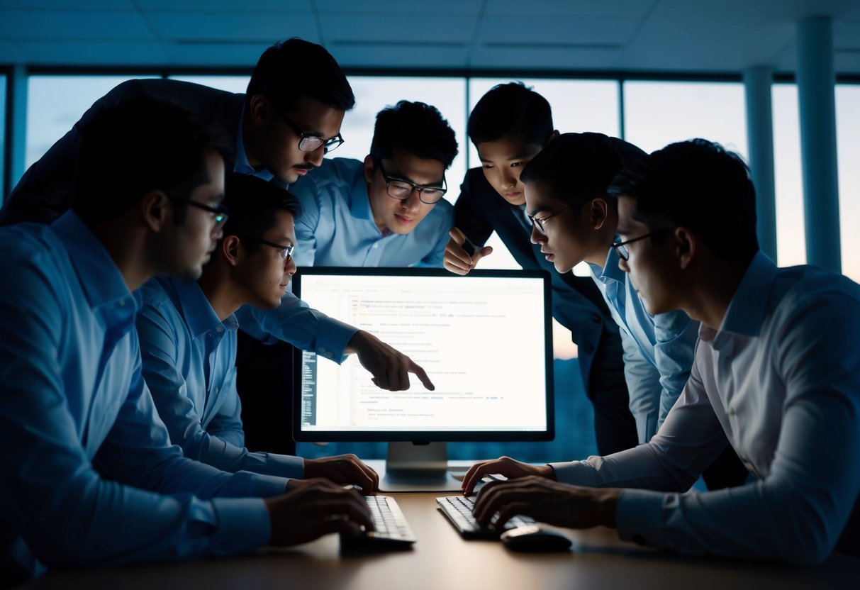 A group of shadowy figures huddled around a glowing computer screen, exchanging secretive looks and pointing at lines of code